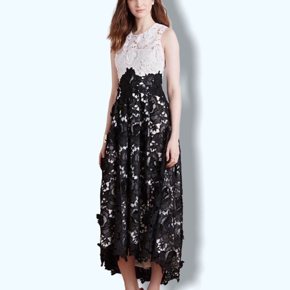 New $598 Hunter Bell Anthropologie Snow Bell 2 / XS Black White Lace Formal Gown